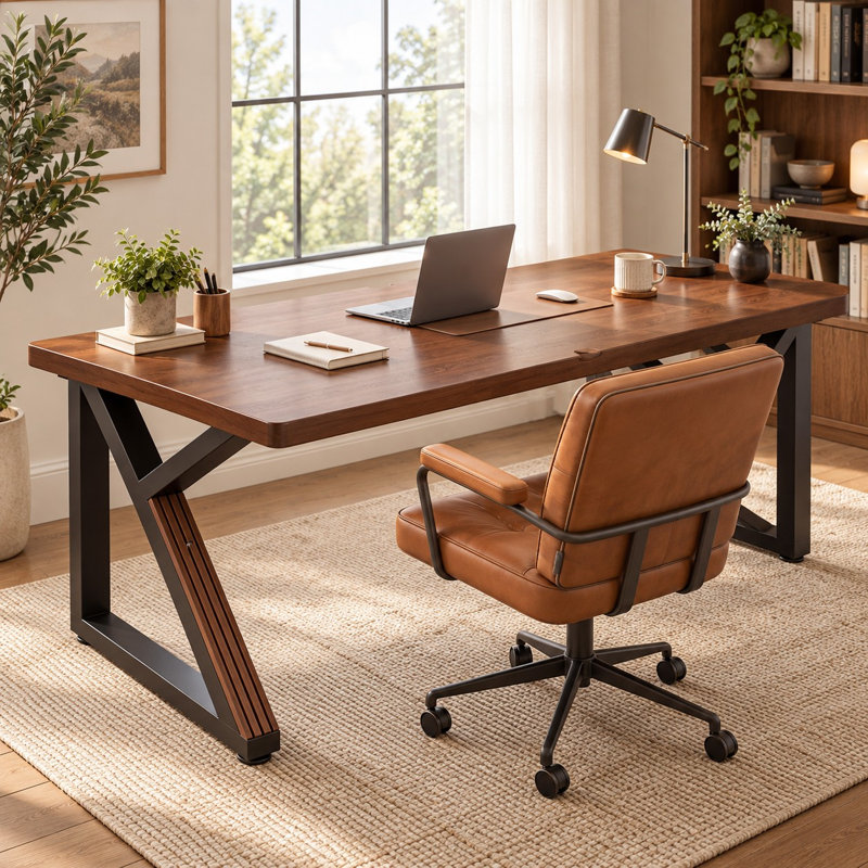 Bureau double en bois massif de 140 cm (55,1 po) avec pattes en métal en forme de K et espace de travail spacieux