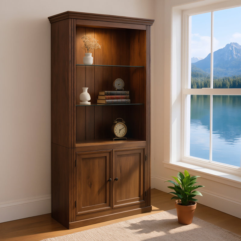 78.89-Inch Four-Tier Farmhouse-Style Display Case With LED Warm Light, Adjustable Glass Shelves And Cabinet Doors, Brown Color.