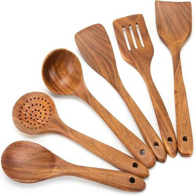 Six-piece set of durable wooden cooking spoons