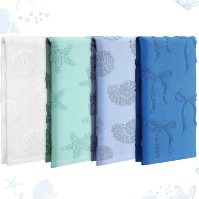 4 Pack 3d Jacquard Coastal Hand Towels – Blue Bow, Starfish & Seashell 100% Cotton Soft Absorbent Decorative Ocean Bathroom And Kitchen Towels, Summer Home Decor Gift Set