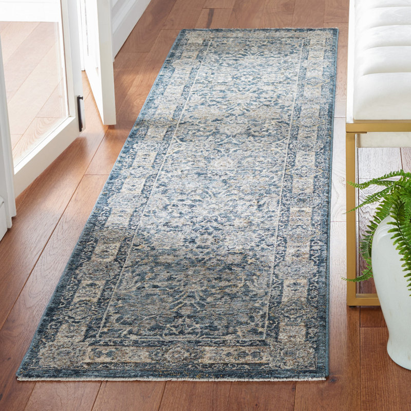 Tapis oriental bleu / ivoire / jaune Faneuil, Tapis de couloir de 2 pi x 8 pi