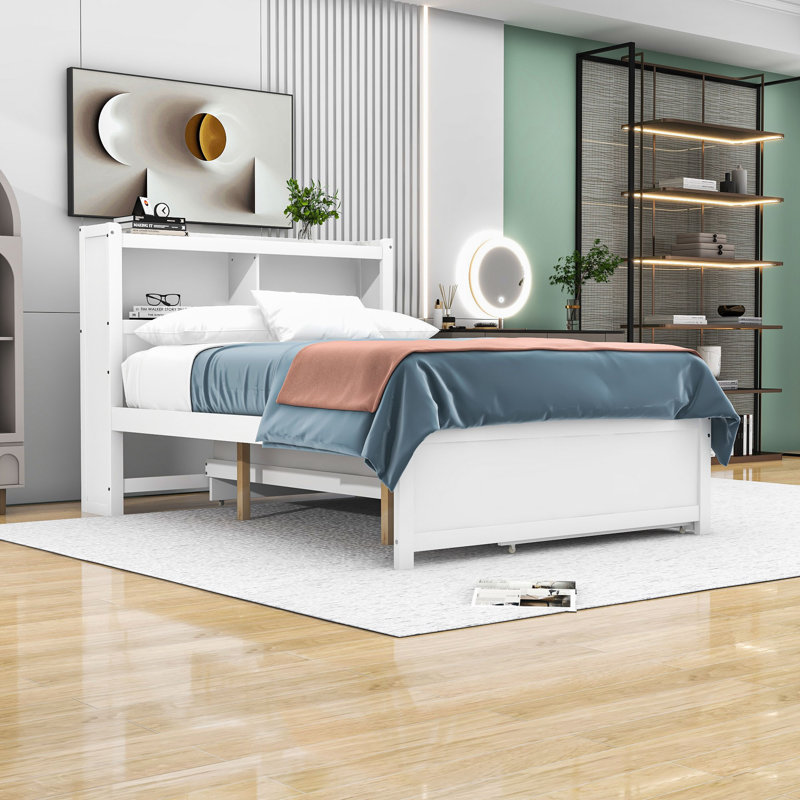 Lit plateforme moderne Dylahn avec lit gigogne simple, tiroirs et ports USB, Blanc