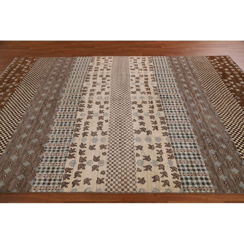 Tapis beige en laine noué à la main de conception unique 6 pi 8 po x 9 pi 8 po New Age