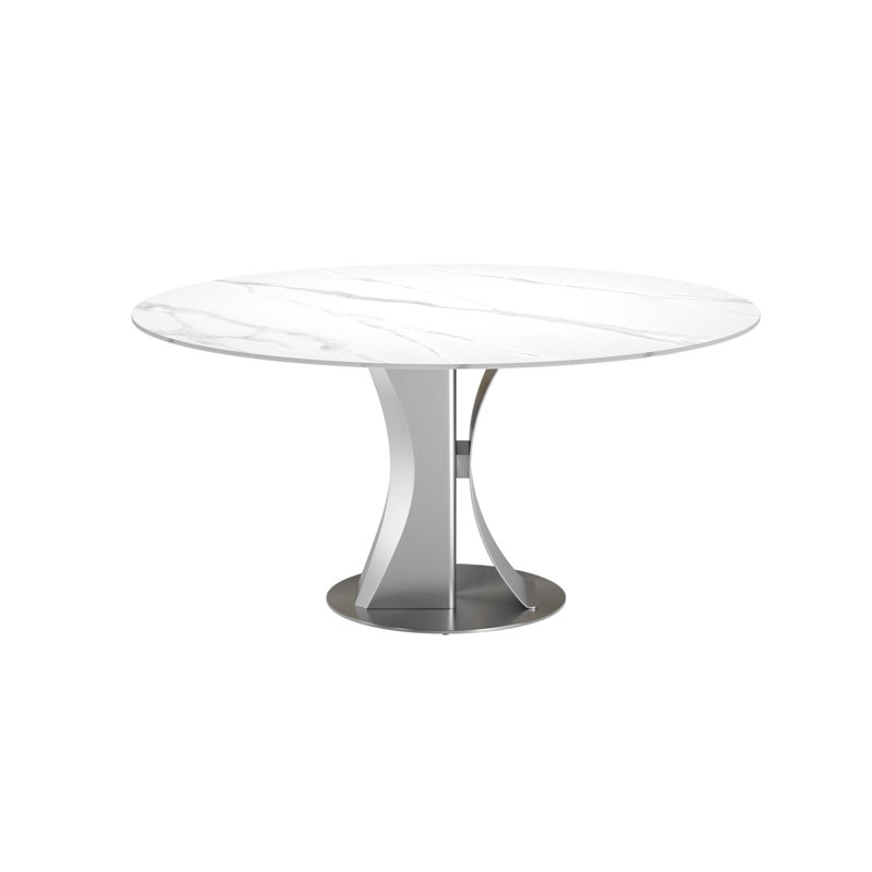 Akshayaa Round Stone Top Metal Base Dining Table, Snow Mountain Stone Top/Silver Base, 30" H x 54" L x 54" W
