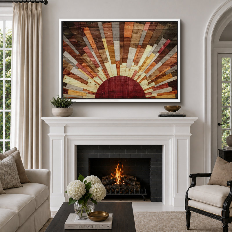 «Western Wood Effect Landscape Brown Sun Rays», impression rustique sur toile encadrée, H 24 po x l 36 po, Blanc