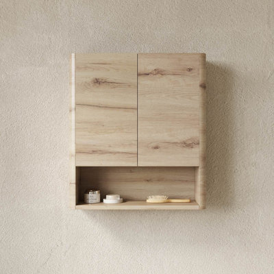 Armoire de salle de bain murale Zuno de 26 po avec portes, tablette et compartiment de rangement ouvert au-dessus de l'armoire de toilette pour la salle de bain, la cuisine, la salle de lavage et la finition couleur grain de bois de chêne blanc