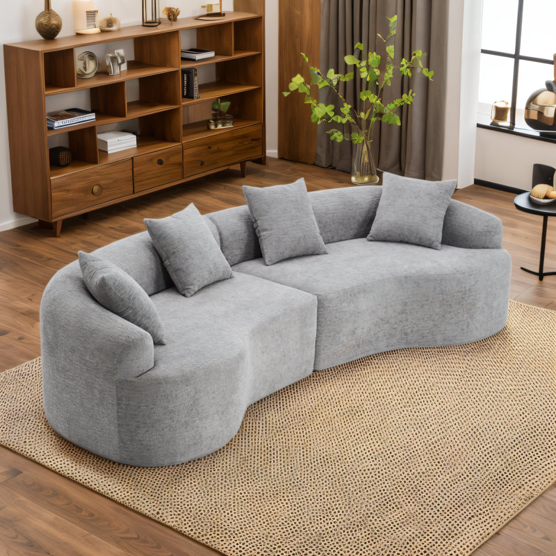 Canapé modulaire incurvé moderne en chenille de 105,6 po avec 4 coussins Boneless, Gris chenille