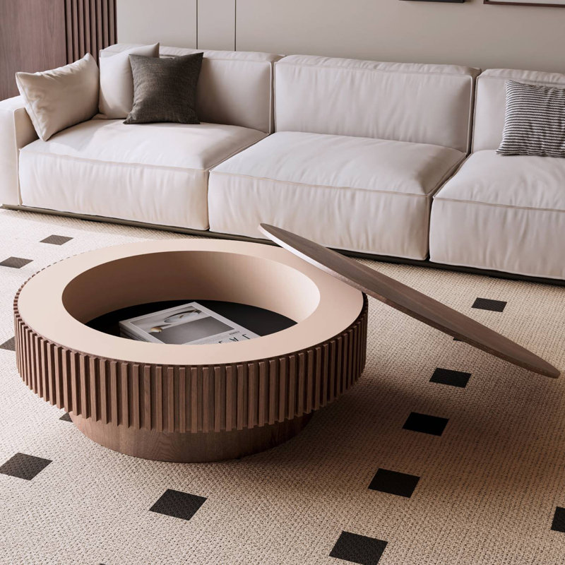 Round Coffee Table With Storage Solid Wood Veneered For Living Room, Bedroom