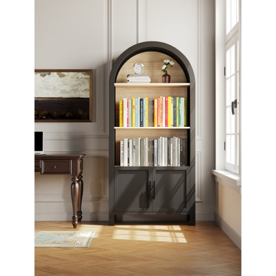 Bibliothèque de 66,70 pouces de hauteur avec porte et rangement supplémentaire - noir style Mid-Century moderne 3 pour bureau, salle à manger, salon, bois massif et tablette noire