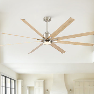 84 Inch Oversized Large Brushed Nickel Solid Wood Ceiling Fan with Dimmable LED Light, Remote Control & Reversible DC Motor, For Living Room, Warehouse & Villa