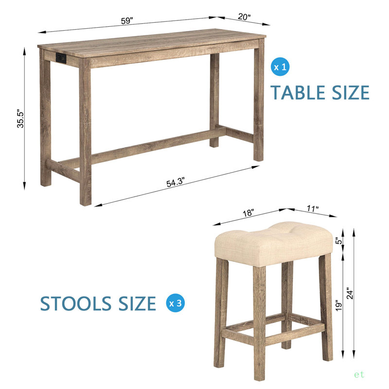4-Piece Bar Table Set With Power Outlet, Dining Bar Table And Chairs Set,Bar Table Set With 3 Padded Stools For Living Room, Dining Room, Game Room