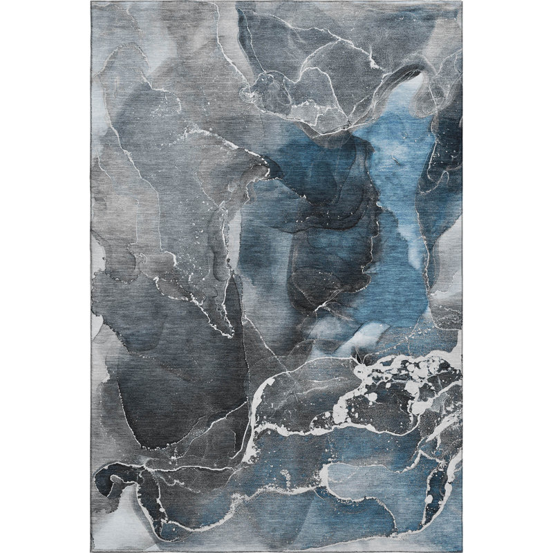 Tapis abstrait bleu et gris anthracite lavable 3 pi x 5 pi avec protection UV