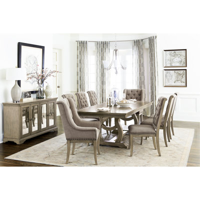 Classic Luxury 9pc Extendable Dining With Button - Upholstered Chairs, Self Storing Leaf, Trestle Base, Gray Cashmere, Cream Fabric, Seats 8 For A Traditional Setup In Home Table, Finish, Modern
