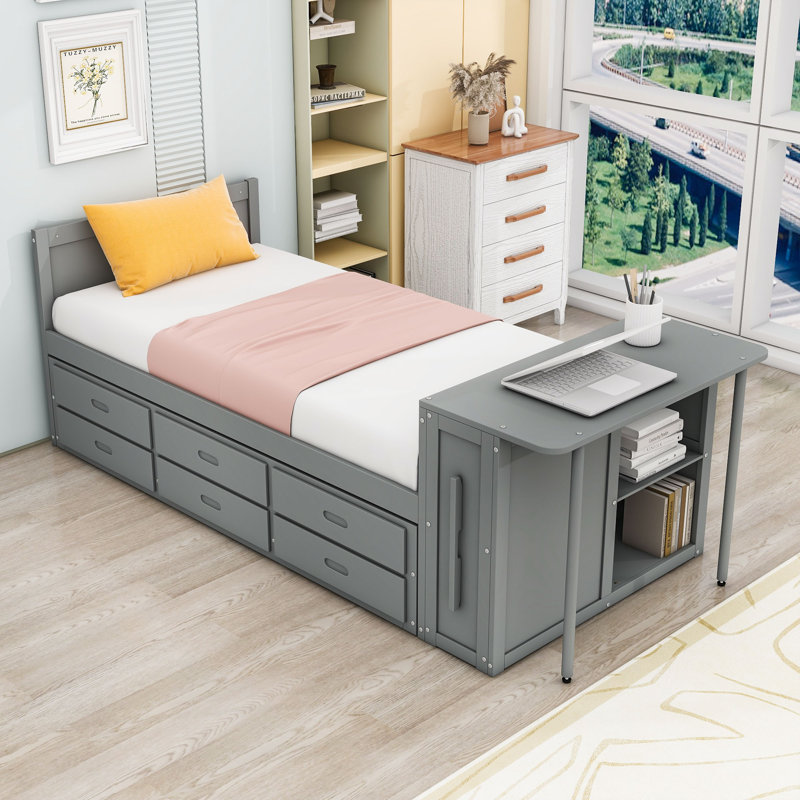 Lit plateforme simple en bois avec lit gigogne simple, bureau intégré, tablettes et 3 tiroirs, Gris