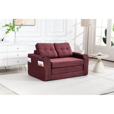 Convertible 2 In 1 Bed, Foldable Floor Couch For Bedroom, Corduroy Fabric, Comfortable Memory Foam Support, Pillow And Side Pockets, No Assembly Needed Double With Included, Two Pockets Storage