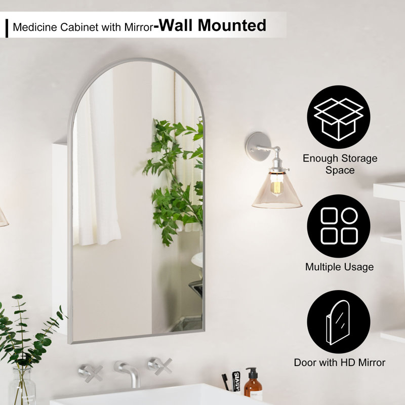 Raygen Arched Bathroom Cabinet, Wall Mounted Storage with Adjustable Shelves, Silver, 90cm H x 50.3cm W x 12.5cm D