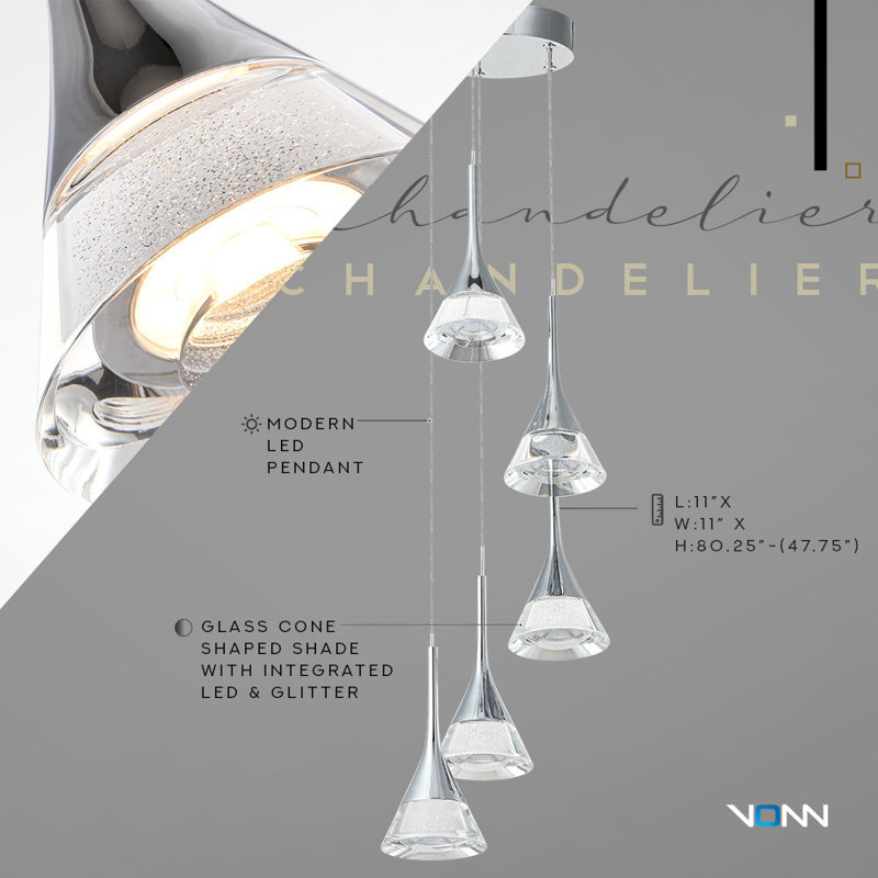 Amalfi 5-Light Height Adjustable ETL Certified Integrated LED Chandelier with Cone Shades, Polished Chrome