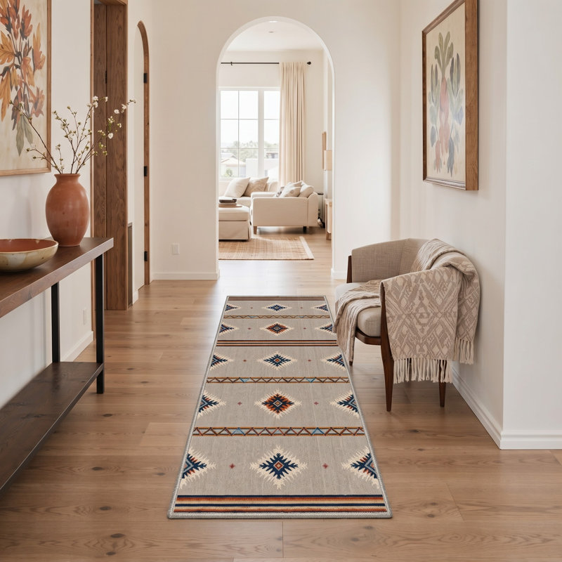 Tapis de couloir géométrique brun clair / noir lavable à la machine avec envers antidérapant