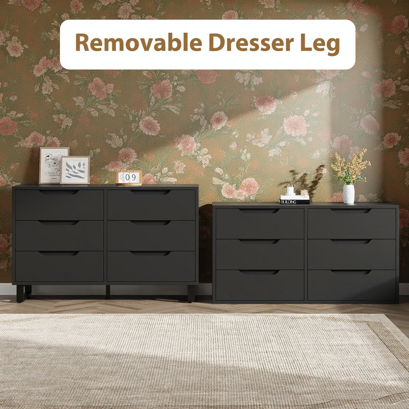 Commode 6 tiroirs en bois avec rangement, 47,2 po, Noir