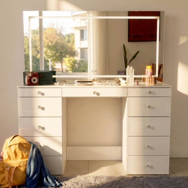 Très grand meuble-lavabo Boahaus Elara avec miroir à DEL - Meuble-lavabo 11 tiroirs, Blanc