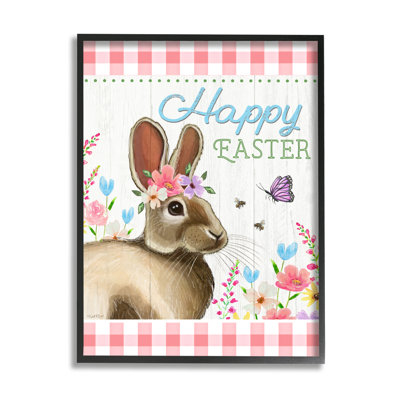 Joyeuses Pâques, lapin vichy floral, estampe numérique encadrée par Elizabeth Tyndall