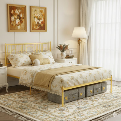 Queen-Size Metal (Steel) Platform Bed Frame With A Classic Iron-Art Headboard. A Simple, Classic Design Suitable For Home, Hotel, Or School Bedroom Furniture.