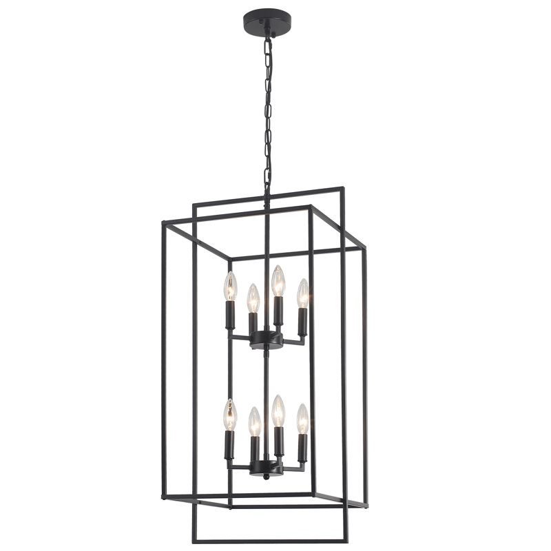 8 - Light Dimmable  Lantern Rectangle Chandelier, Matte Black
