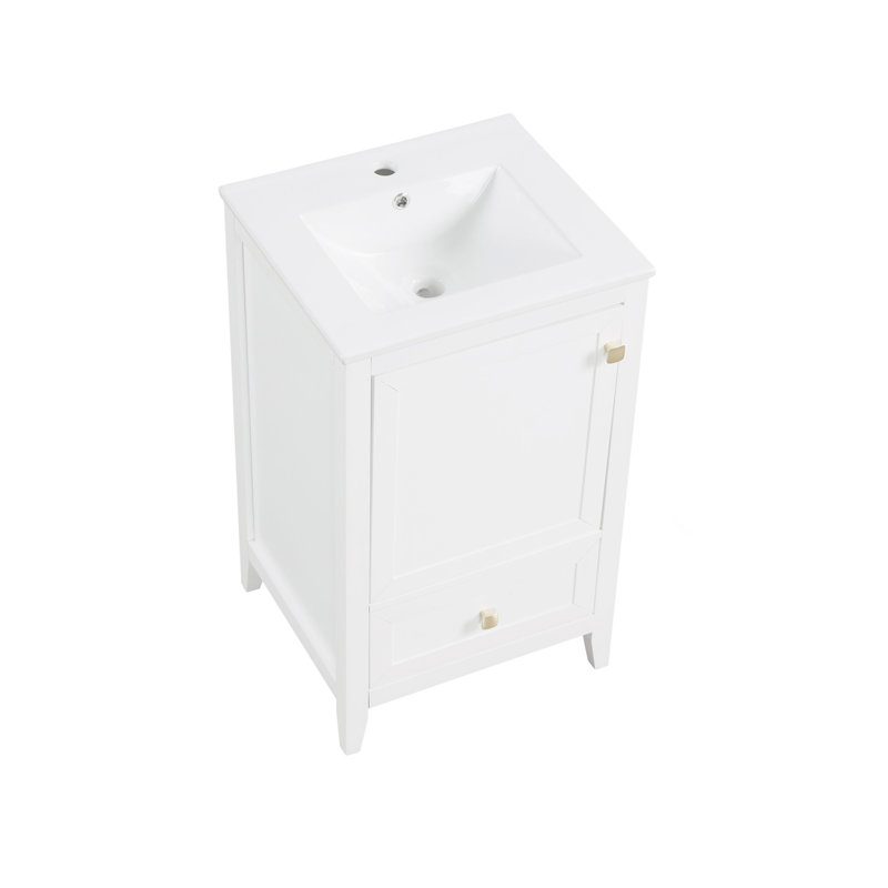Meuble-lavabo de 20 po avec lavabo, armoire de salle de bain avec porte à fermeture douce, support de rangement et tiroir, blanc