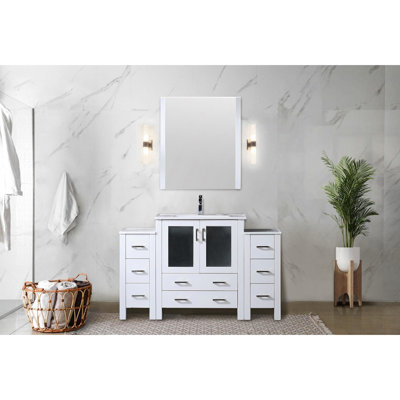 54 po Large meuble-lavabo simple blanc avec armoires latérales, comptoir en céramique, robinet et miroir 28 po, l 18 po x P 18,25 po, surface de travail