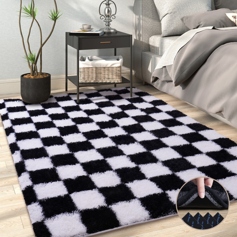 Black and White Checkered Shag Rug 5x7 feet, Washable Rug Suitable for Bedrooms and Living Rooms, Fluffy Non-Slip Carpet Ideal for Children's Rooms, Nurseries, Baby Rooms, and Playrooms