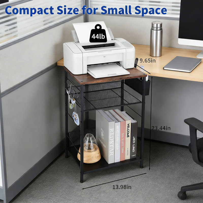 Support pour imprimante sous le bureau avec tablette de rangement, organisateur réglable en hauteur à 3 niveaux avec panier et crochets pour le bureau personnel, le fax, le scanneur et le rangement de fichiers