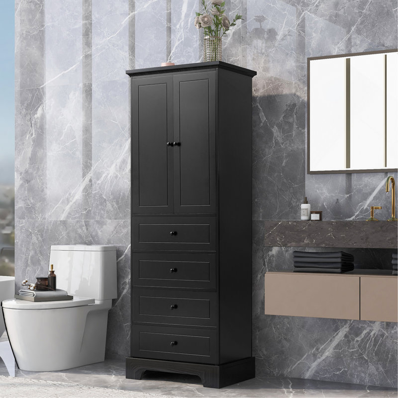 Storage Cabinet With 2 Doors And 4 Drawers For Bathroom, Office, Adjustable Shelf, MDF Board With Painted Finish, Black