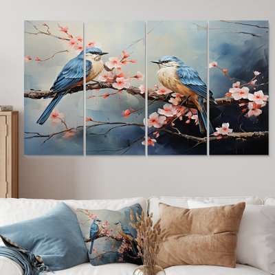 Sakura Blue Birds On Pink Blossom Tree - Bird 4 Piece Wall Art