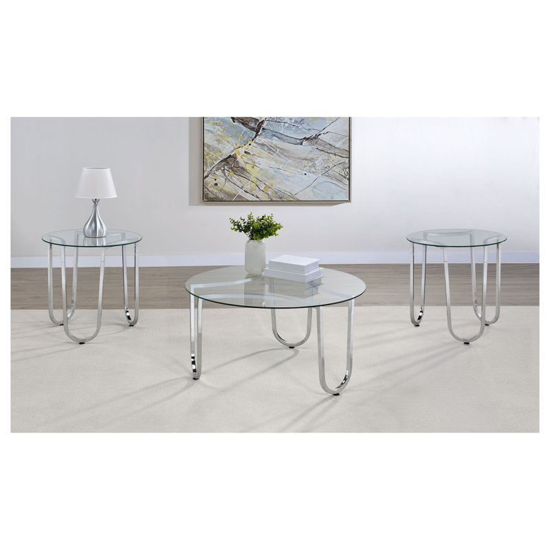 Ensemble de 3 tables basses rondes Dutton Chrome avec plateaux en verre trempé et piètement traîneau en métal