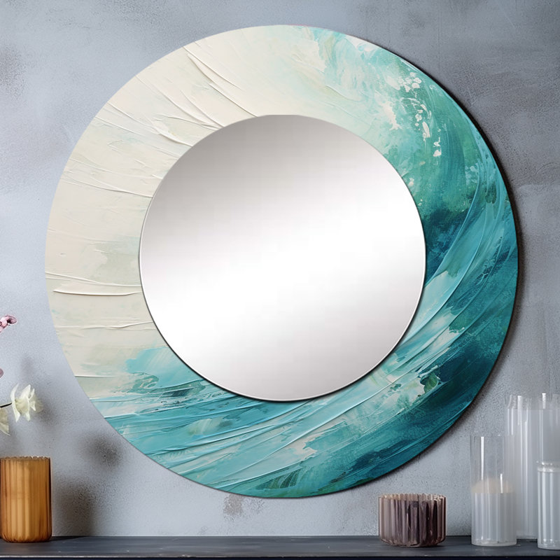 Teal Twist Tranquility Spiral - grand miroir mural spirales abstraites, miroir rond bleu unique, impression sur métal