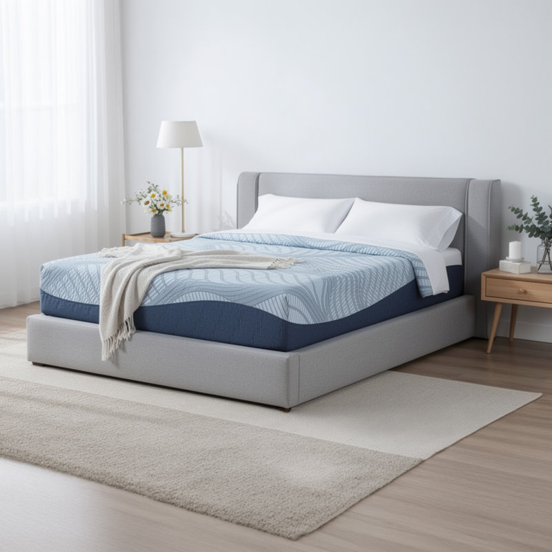Très grand matelas Ryna avec mousse à mémoire de forme, support ferme, tissu bleu clair 8 pouces