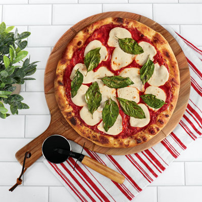 Ensemble 2 pièces de plateau de service et coupe-pizza en bois d'acacia HomeStyle