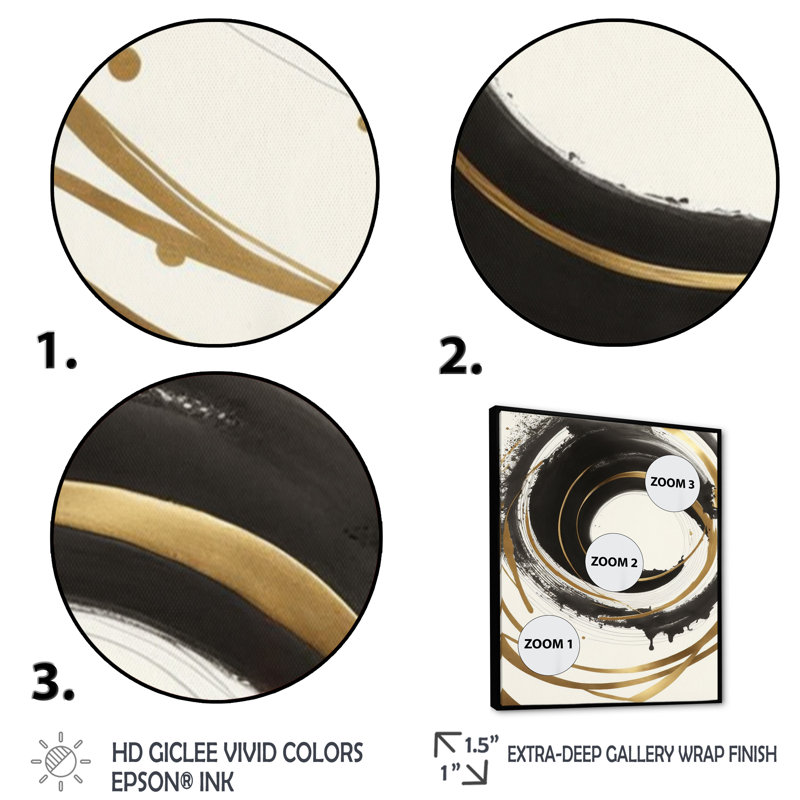 «Black and Gold Curves III» - art mural moderne sur toile, H 20 po x l 12 po x P 1 po, Cadre flottant noir