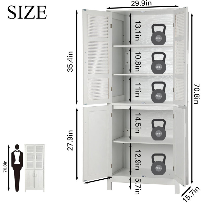 71'' White Wood Kitchen Pantry Cabinet with Rattan Doors