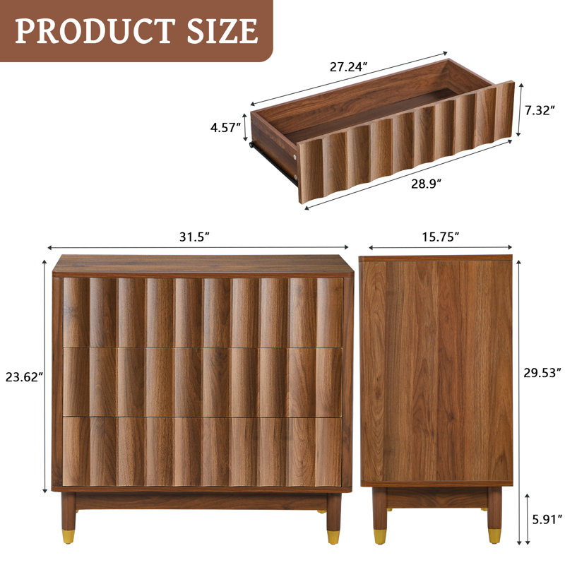 Commode 3 tiroirs, 3 Drawer, Brun
