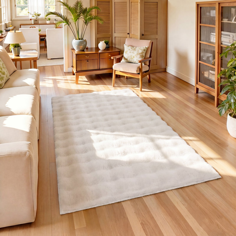 Tapis antidérapant en fausse fourrure de lapin, Rectangulaire 3 pi x 5 pi, Blanc