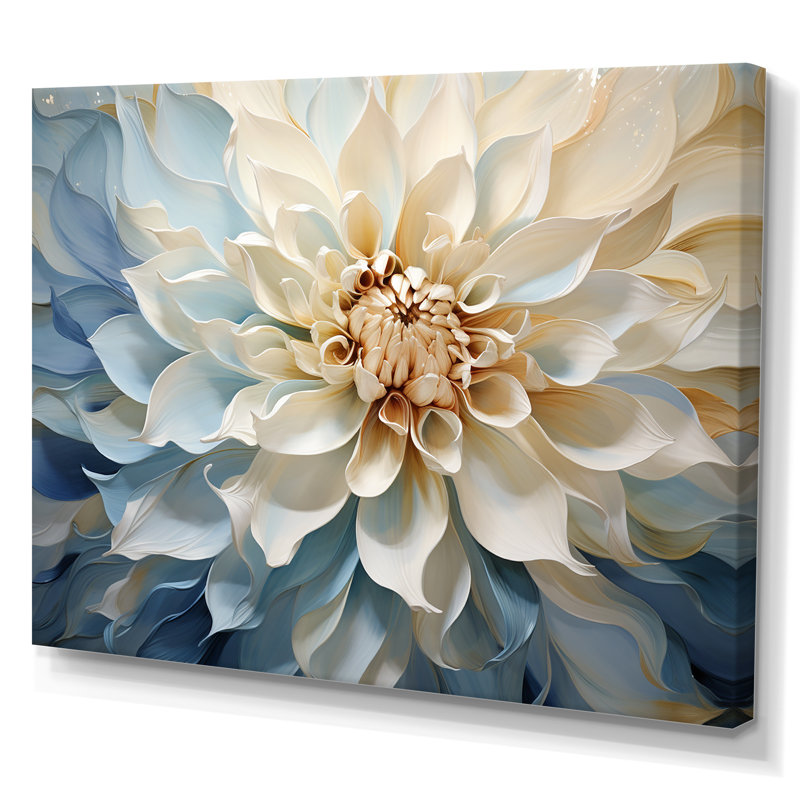 Blanc et bleu fleur de dahlia minimalisme - art mural dahlia, H 30 po x l 40 po x P 1,5 po, Toile tendue