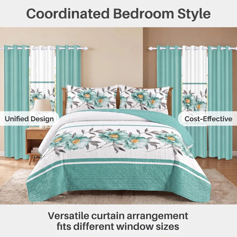King Size Comforter Set 9 Pieces, All Season Luxury Bed in a Bag for Bedroom, With Matching Curtains, Soft Microfiber, Green Rose