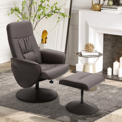 Kahley PU Leather 2 Pcs Reclining Armchair w/ Ottoman Swivel Brown