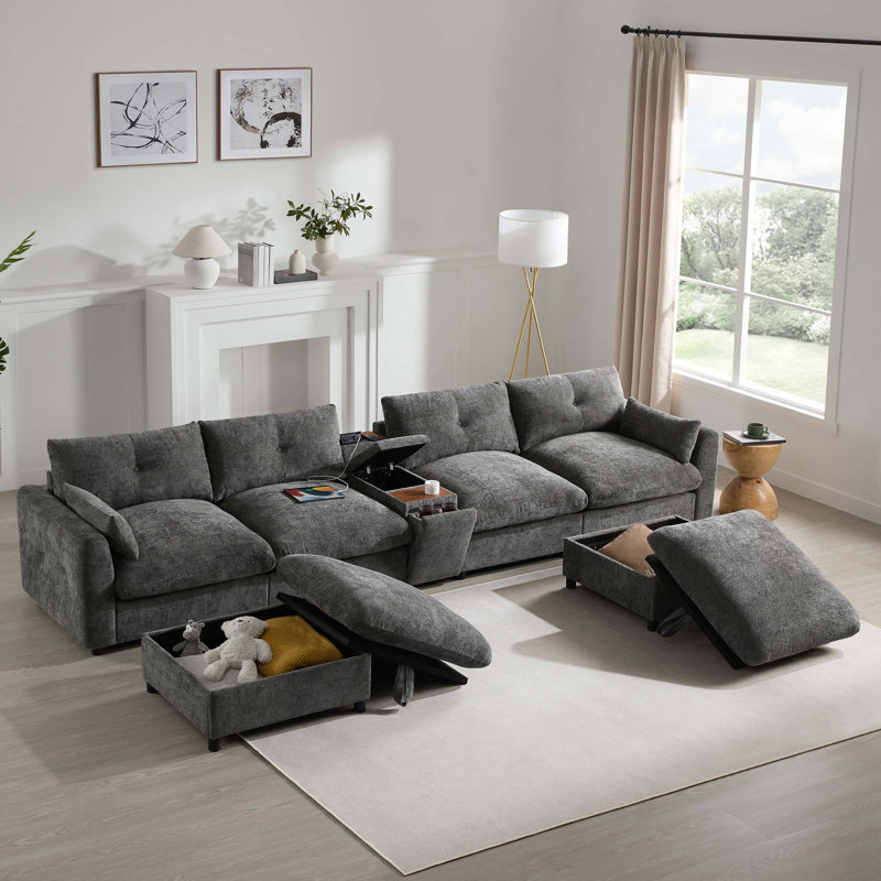 Canapé modulaire modulaire en chenille avec repose-pieds, console, porte-gobelet et chargeur USB pour le salon, Gray Chenille