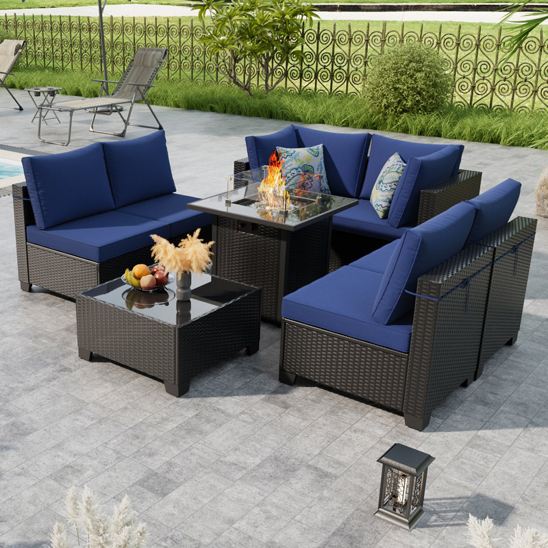 Ensemble de meubles de patio 8 pièces avec table de foyer, comprenant des coussins antidérapants et anti-éclaboussures - parfait pour l'extérieur, la terrasse, le jardin, le bord de la piscine