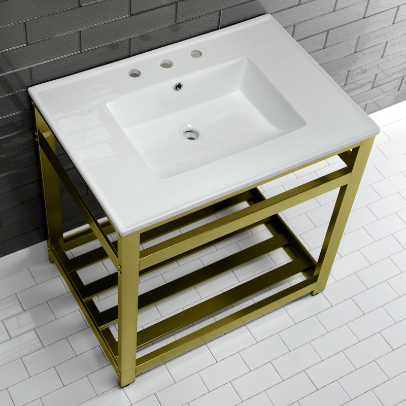 Kingston Brass Quadras 31-Inch Ceramic Console Sink with Steel Base and Shelf, 8" Centers, White/Brushed Brass