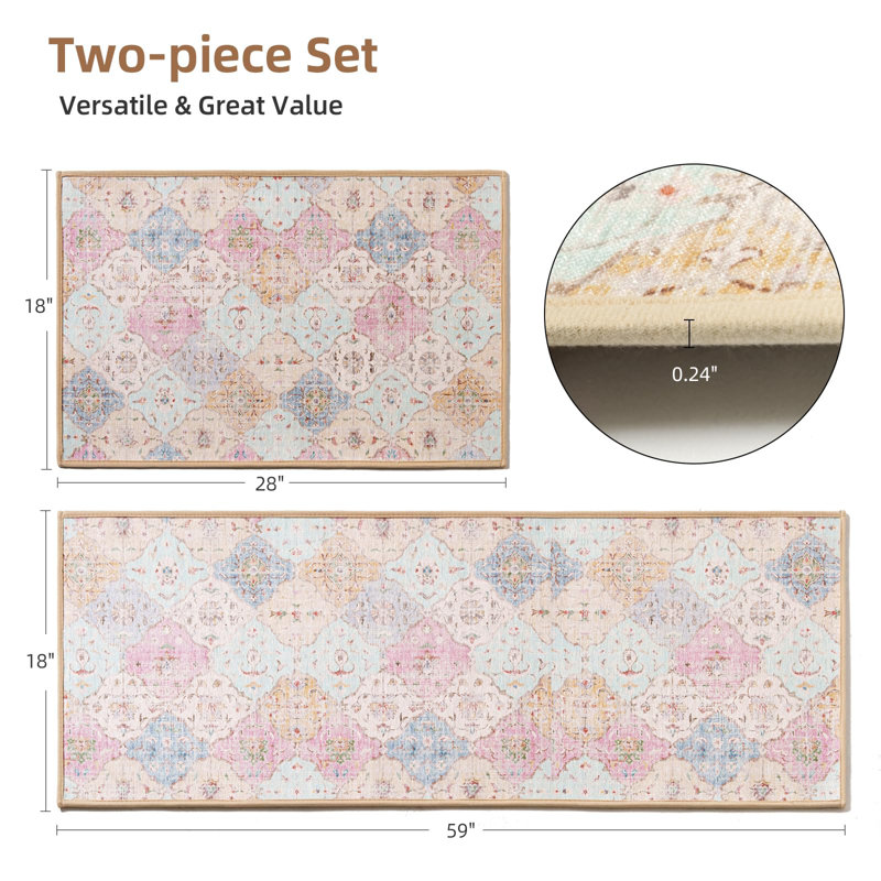  Boho Floral Kitchen Rugs and Mats Set of 2 PCS, Non Slip Washable Mats for Floor, Absorbent Runner Rug for Kitchen, Hallway, Laundry, Front of Sink, 18"x 28"+18"x 59"