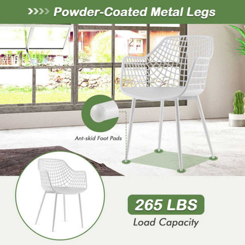 Set of 4 White Metal Mesh Arm Chairs
