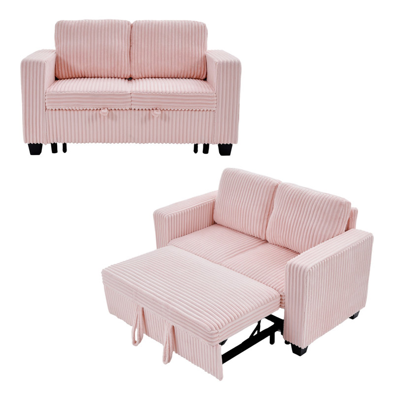 Corduroy Sectional Modular Loveseat Sleeper Sofa, Pull - Out Bed With Segmented Back Support For Living Room, Pink